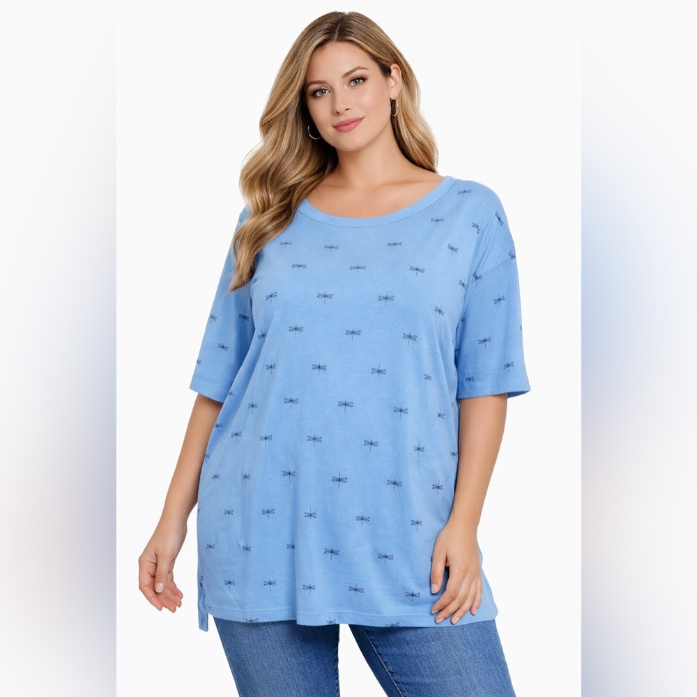 Croft & Barrow Light Blue Dragonfly Print Top 100% Cotton Short Sleeve Women's L